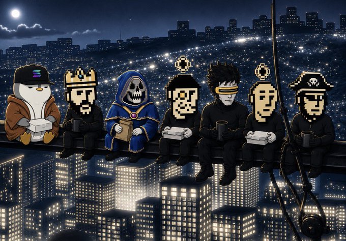 A group of seven pixel-art characters—including a penguin in a cap, a king, a robed skeleton, figures with crypto logos (SOL), a visor-wearing hacker, and a pirate—sit perched on a steel beam above a glowing nighttime cityscape, eating lunch together in a parodic riff on "Lunch atop a Skyscraper." The image playfully visualizes the post's message of finding your community and building on Solana, with the diverse characters representing the eclectic mix of builders in the Solana ecosystem.