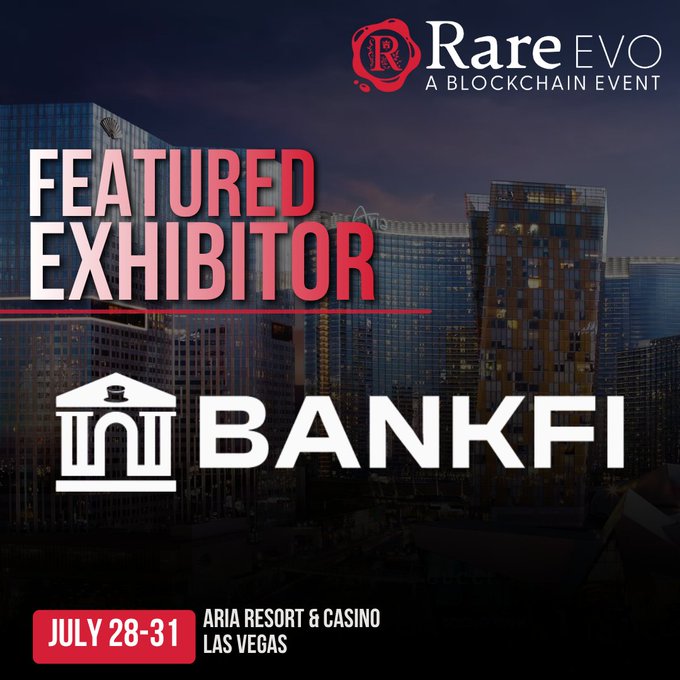 The image features a poster for an event at the Las Vegas Convention Center. The poster displays a city skyline with buildings of various sizes and colors, including one that appears to be made entirely out of glass. The text on the poster announces "BankFi is heading to Las Vegas for @RareEvo 2026 as a Featured Exhibitor", indicating that BankFi will be participating in an event at the convention center. The poster also mentions that attendees can expect to learn more about BankFi and its projects, as well as connect with the team behind it.