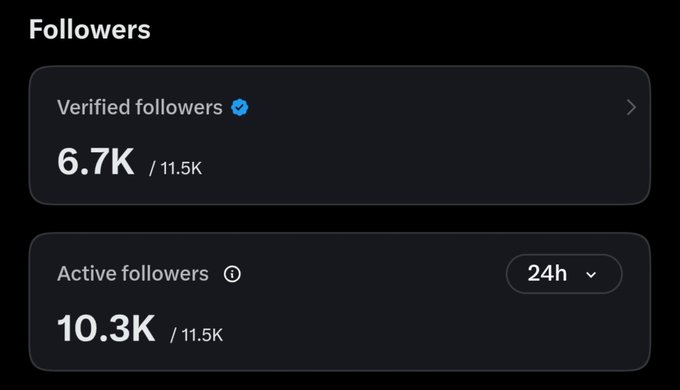 Social media analytics screenshot showing 'Followers' statistics: 6.7K verified followers out of 11.5K total, and 10.3K active followers in the last 24h.