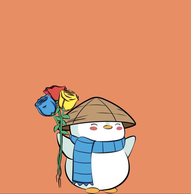 A cute cartoon illustration features a penguin-like character wearing a blue striped scarf and a traditional conical straw hat, holding a bouquet of three roses against an orange background.