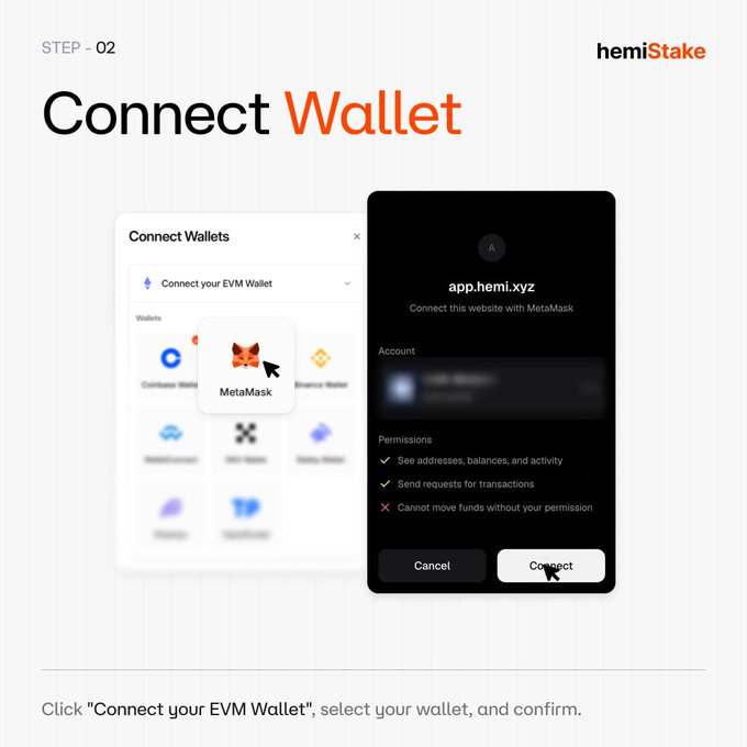 A hemiStake tutorial screen for Step 02 "Connect Wallet", showing MetaMask wallet selection interface and a MetaMask permission confirmation popup for app.hemi.xyz with options to cancel or connect.