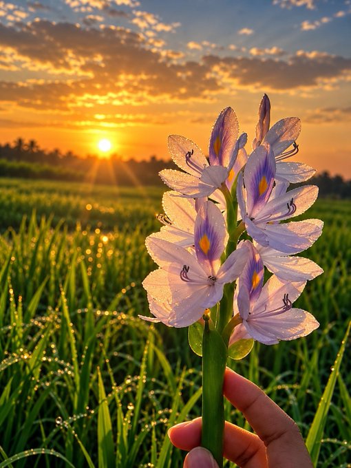 A hand holds a cluster of delicate white and purple water hyacinth flowers, glistening with dew, against the backdrop of a golden sunset over a lush green rice field.