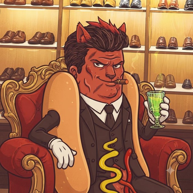A cartoon-style illustration of a red-skinned demon character with horns wearing a formal suit, smoking a cigar, and holding a green drink while sitting in a red armchair in front of a shoe display.