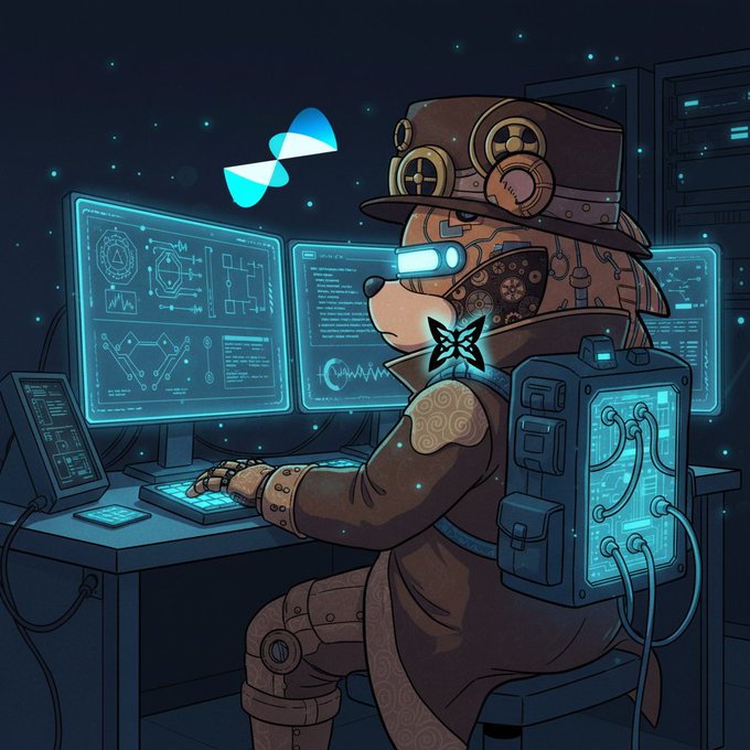 A cartoon bear wearing a hat and coat sitting at a desk working on a computer, surrounded by screens that appear to have blue and green colors and contain lines of code or data. The phrase "Gm quip community I spent the morning on the quip testnet tackling those optimization problems It feels rewarding when the solutions click into place @quipnetwork is doing a great job with the hybrid Quantum Classical approach" seems to be related to what is displayed in the image, possibly a reference to an online math problem or code puzzle. The bear could be taking part in this challenge or sharing their work and experiences within the community.