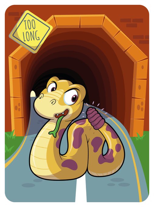 A cartoon illustration of a yellow snake-like creature emerging from a tunnel marked with a 'TOO LONG' sign, drooling green liquid.
