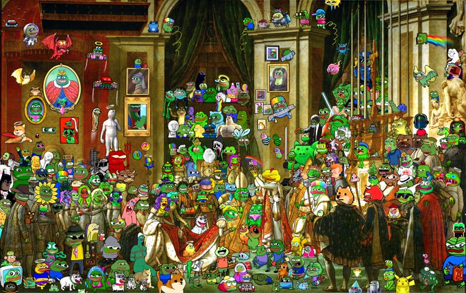 The image is a meme edit of a classical Renaissance painting where hundreds of Pepe the Frog characters and other internet memes have been overlaid onto a grand scene, with no visible text or numbers. It relates to the post's NFT community hype by humorously representing the "tons of energy, good vibes & positive thoughts" being sent to @para__kingdom, visually capturing the chaotic, enthusiastic spirit of the TrustUsNFT collection as the 5-day countdown ends and the Chipiron project takes over the final rarities.