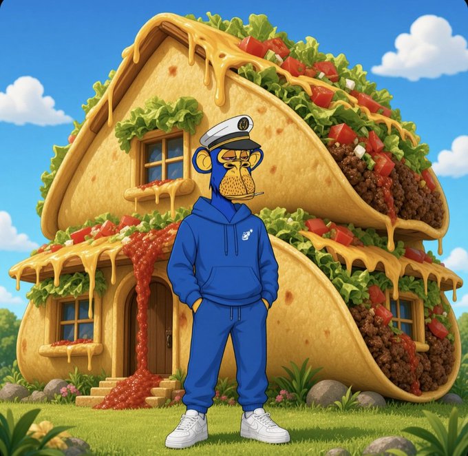 A digital illustration of a blue cartoon monkey character wearing a sailor hat and blue tracksuit, standing in front of a giant house shaped like a stuffed taco or sandwich.