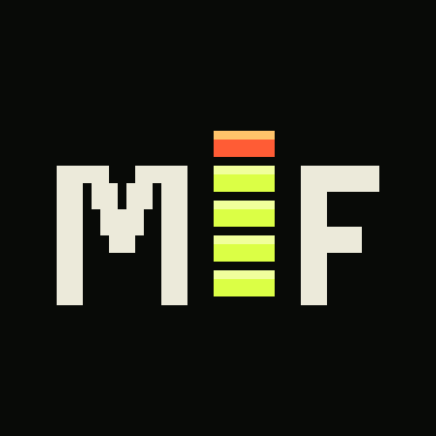 A pixelated logo design spelling "MMF" with the central "E" replaced by stacked horizontal bars in orange, pink, and green colors on a black background.