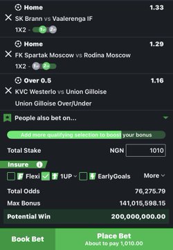A sports betting app screenshot shows a multi-leg parlay on Bet9ja featuring SK Brann vs Vaalerenga IF (1X2), FK Spartak Moscow vs Rodina Moscow (1X2), and KVC Westerlo vs Union Gilliose (Over/Under 0.5), with a potential win of 200,000,000 NGN from a 1,010 NGN stake. This matches the post's claim of a "200 million X2" long shot, illustrating the high-risk, high-reward parlay wager the user is placing.