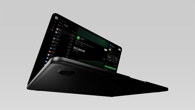 A black tablet/iPad displayed at an angle, showing a crypto portfolio interface with a balance of $12,482.60 and various tokens.