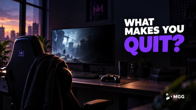 A dimly lit gaming setup featuring a curved monitor displaying a dark fantasy scene, a controller on the desk, and a black gaming chair with a jacket draped over it. Bold text reads "WHAT MAKES YOU QUIT?" alongside the MGG logo, visually reinforcing the post's question about what causes gamers to lose interest.