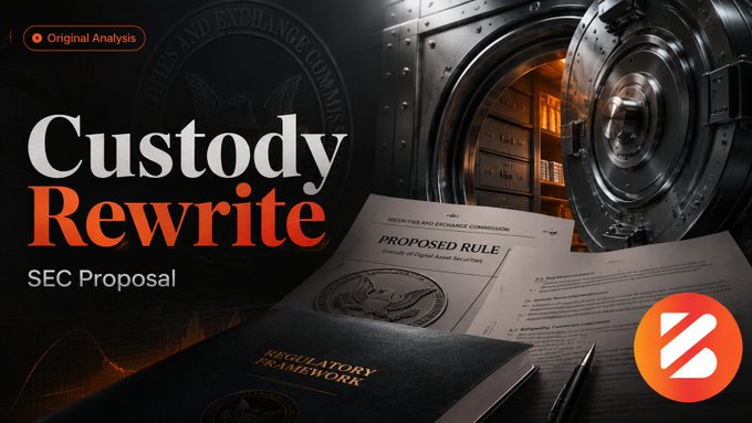 A graphic titled 'Custody Rewrite SEC Proposal' labeled 'Original Analysis,' featuring imagery of a bank vault, regulatory documents, and the SEC seal with a red logo in the corner.