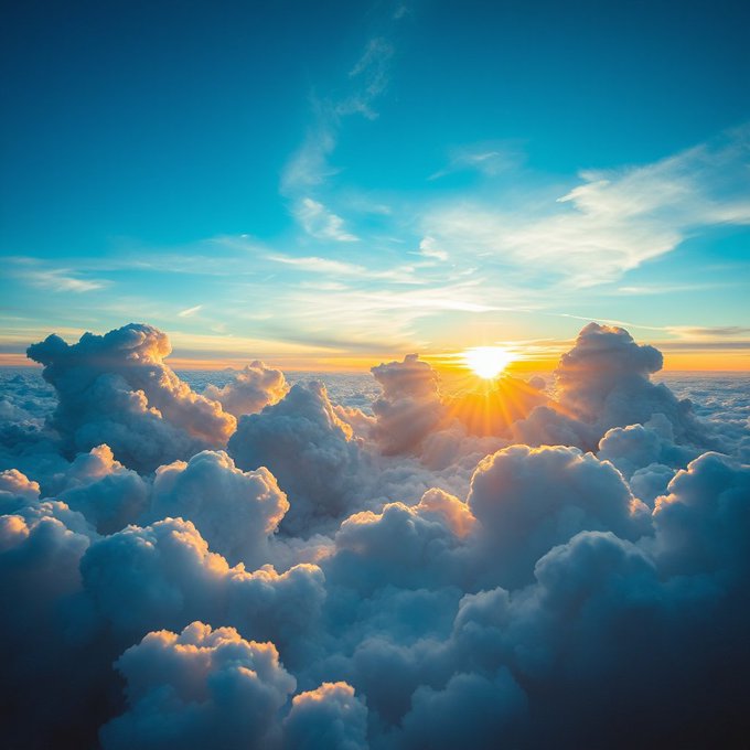 A radiant sunrise breaks through a sea of billowing clouds, casting golden light across the sky to evoke a fresh, hopeful start to the day. The uplifting scene perfectly complements the post's cheerful message of greeting viewers with a beautiful smile and positive energy.