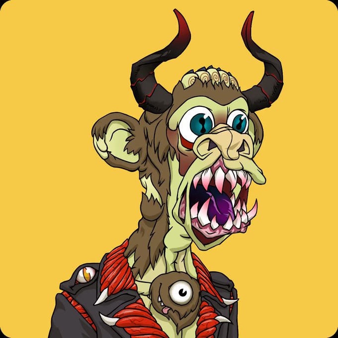 The image features a cartoon depiction of an anthropomorphic monster with horns, teeth, and a mouth open wide as if roaring or speaking. The monster has a red jacket and a black leather jacket, giving it a unique appearance. The background color is yellow, which contrasts with the monster's attire and adds to its visual impact. The caption "mutant ape yacht club @BoredApeYC" suggests that this image might be related to an online community or social media account dedicated to discussing or sharing artwork inspired by anthropomorphic monsters.