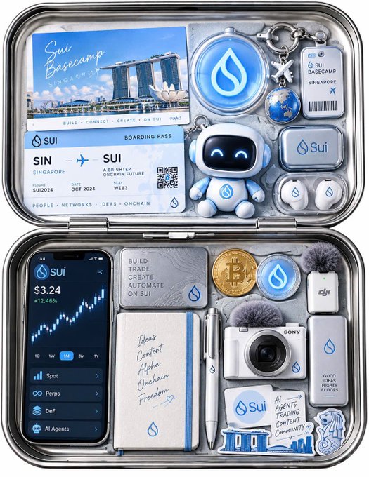 A stylized promotional image displays Sui Basecamp merchandise, including a boarding pass, notebook, mini robot, DJI earbuds, a Sony camera, and a phone showing the SUI token at $3.24.