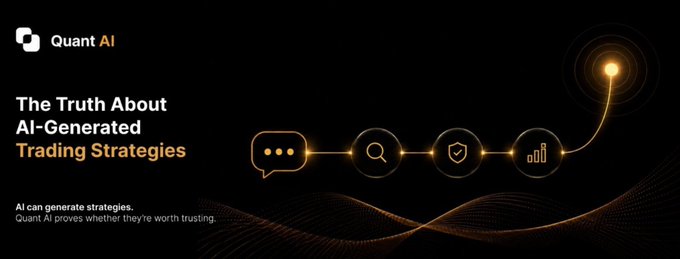 A black promotional graphic for 'Quant AI' titled 'The Truth About AI-Generated Trading Strategies', featuring a line of connected icons and the tagline 'AI can generate strategies. Quant AI proves whether they're worth trusting.'
