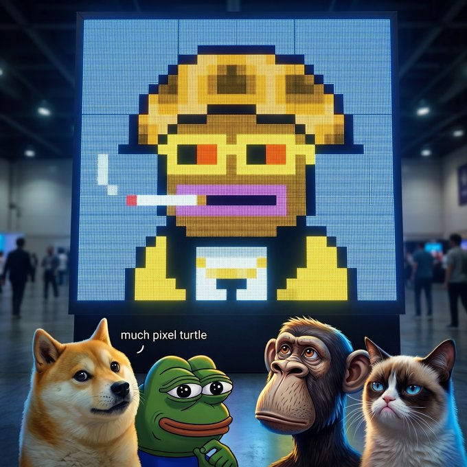 A large LED screen displays a pixelated character labeled 'much pixel turtle' smoking a cigarette, with a doge, Pepe the Frog, a chimpanzee, and a grumpy cat watching below.
