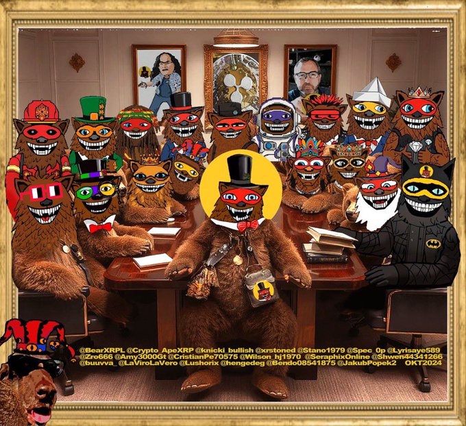 A stylized illustration parodying the Last Supper featuring various BearXRP NFT characters, with handles including @BearXRPL, @Crypto_ApeXRP, @knicki_bullish, @xrstoned, @Stano1979, @Spec_0p, @Lyrisaye589, @Zro666, @Amy3000Gt, @CristianPe70575, @Wilson_hj1970, @SeraphixOnline, @Shven44341266, @buuvva, @LaViroLaVero, @Lushorix, @hengedog, @Bendo08541875, @JakubPopek2, and OKT2024.