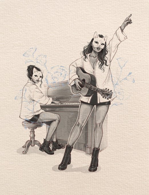 A black and white sketch illustration of two women wearing animal (possibly cat or fox) masks, one playing piano and the other playing guitar while pointing upward.
