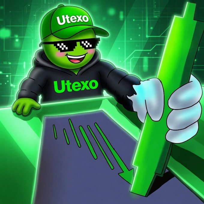 The image features a cartoon character wearing a green hat with "UTEXO" written on it, holding a green object that appears to be a piece of paper or a card. The cartoon character seems to be smiling while holding the object. The background is dark and has neon lights, giving the scene an electronic vibe. The text in the image reads: "utexo", which is likely a reference to Bitcoin or Ethereum.
