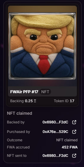 The image shows a digital NFT card featuring a plush toy caricature of Donald Trump, labeled "FWAir PFP #17" (Token ID 17) with a backing of 0.25 ETH and noting that the NFT was claimed, accruing 452 FWA tokens.

The image illustrates the post's explanation by showing a successful outcome where backers received both the accrued FWA rewards (452 FWA) and the NFT when a purchaser claimed it, demonstrating the value backers receive for their support.