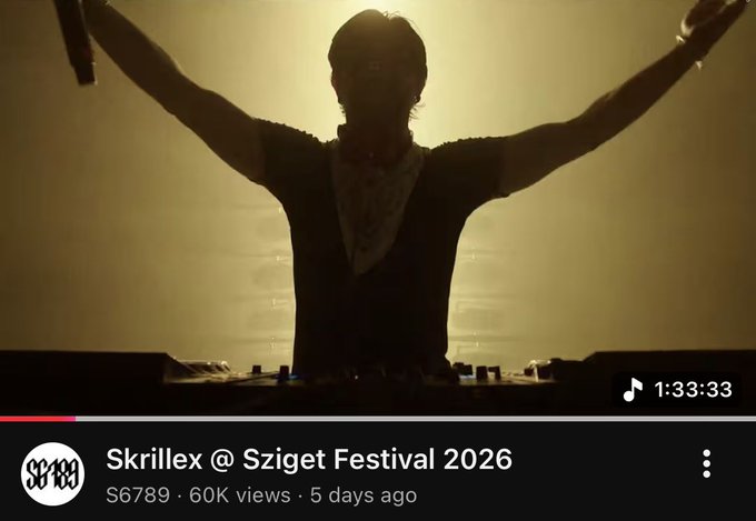A silhouetted DJ raises their arms behind a deck with backlit golden haze, taken from a YouTube thumbnail for "Skrillex @ Sziget Festival 2026" (60K views, 5 days ago), where the timestamp 1:33:33 in the post matches the video length displayed at 1:33:33.