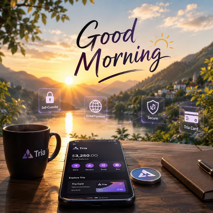 A promotional 'Good Morning' graphic for the Tria app, featuring a smartphone showing a $3,250.00 balance alongside a branded coffee mug, with floating icons for Self-Custodial, Global Payments, Secure, and Tria Card features.