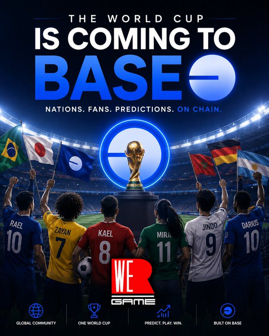 The image features a group of soccer players wearing their uniforms, standing together for a photo. They are all holding soccer balls, indicating that they are part of a soccer team or participating in a sports event. The background of the image shows a stadium filled with fans, suggesting that this is an important event taking place at a popular venue. The text on the poster reads "The World Cup Is Coming to Base", which implies that the players and the event are related.