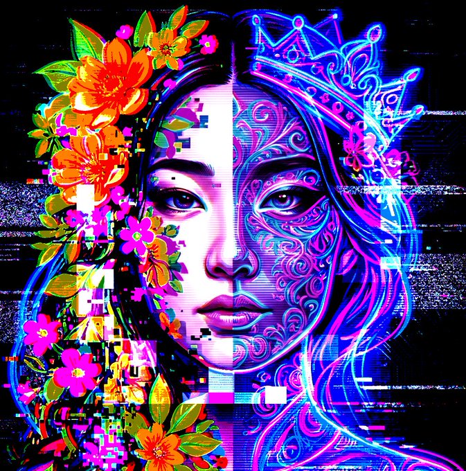 A split-face digital portrait where one side features vibrant floral patterns and the other displays ornate purple and blue crown-like designs, with digital glitch effects.
