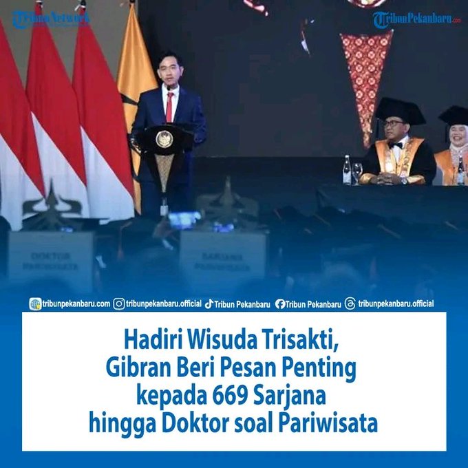 An Indonesian news graphic showing Gibran speaking at a Trisakti University graduation ceremony (Wisuda Trisakti), delivering an important message to 669 graduates from bachelor's to doctoral levels regarding tourism.