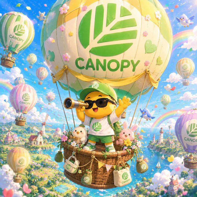 A vibrant, whimsical 3D illustration of a cute mascot character wearing sunglasses and a green cap, looking through a spyglass from a hot air balloon basket branded with 'CANOPY', with other CANOPY balloons floating in a colorful sky.