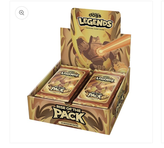 A display box for the 'Deified Dogs Legends Trading Card Game' 'Rise of the Pack' set containing 24 booster packs.
