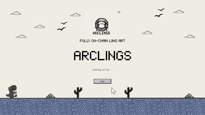 A pixel-art style landing page for 'ARCLINGS' featuring the text 'FULLY ON-CHAIN LING ART' and 'coming on arc...', with a 'Start' button and a small dinosaur character in a desert landscape.