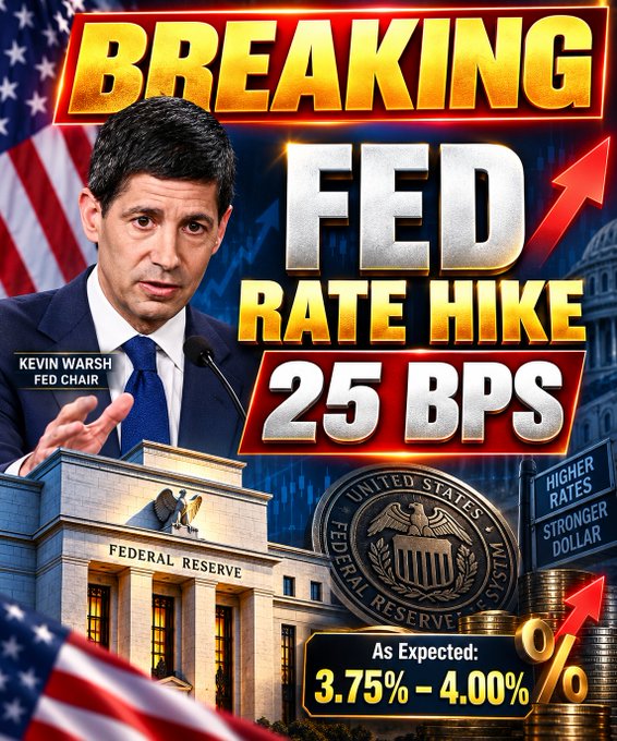 A clickbait-style graphic announcing "BREAKING FED RATE HIKE 25 BPS" featuring Fed Chair Kevin Warsh, the Federal Reserve building, and text noting rates moving "3.75% - 4.00%."