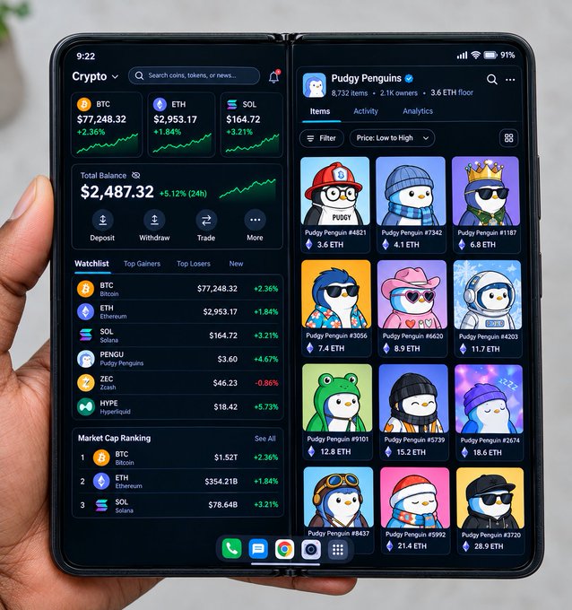 A smartphone displaying a dual-screen cryptocurrency trading app showing BTC, ETH, SOL prices with a total balance of $2,487.32, alongside a 'Pudgy Penguins' NFT collection with 8,732 items, 2.1K owners, and 3.6 ETH floor price.