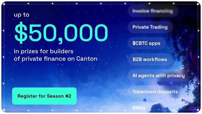 A promotional banner for Canton's Season #2 offering 'up to $50,000 in prizes for builders of private finance on Canton', listing categories like Invoice Financing, Private Trading, and CBTC apps.