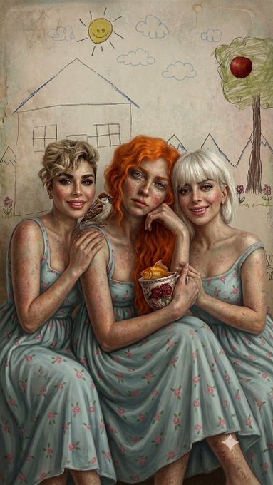 A painted illustration of three young women in matching light blue floral dresses sitting together, with one holding a small bird, another with a teacup, against a childlike drawn background featuring a sun, clouds, a house, and a tree.