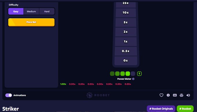 A screenshot of the Roobet "Striker" game interface shows difficulty options (Easy, Medium, Hard), a "Place Bet" button, a multiplier grid (25x down to 0x), and a power meter at 100%. The image illustrates the game the user references, showing they played Roobet's betting games casually for three weeks before realizing they'd accumulated over $600 in winnings.