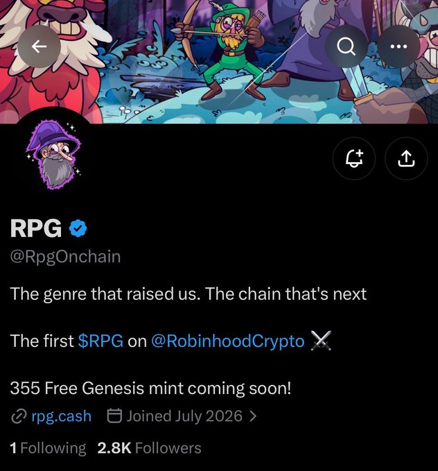 The screenshot shows the X (formerly Twitter) profile page for "RPG" (@RpgOnchain), a verified account with 2.8K followers describing itself as "The genre that raised us. The chain that's next" and announcing 355 Free Genesis mints. The profile's claim of being the first $RPG on @RobinhoodCrypto aligns with the post highlighting it as a new alpha opportunity featuring a free mint with only 355 supply available, encouraging users to follow closely for mint date announcements.