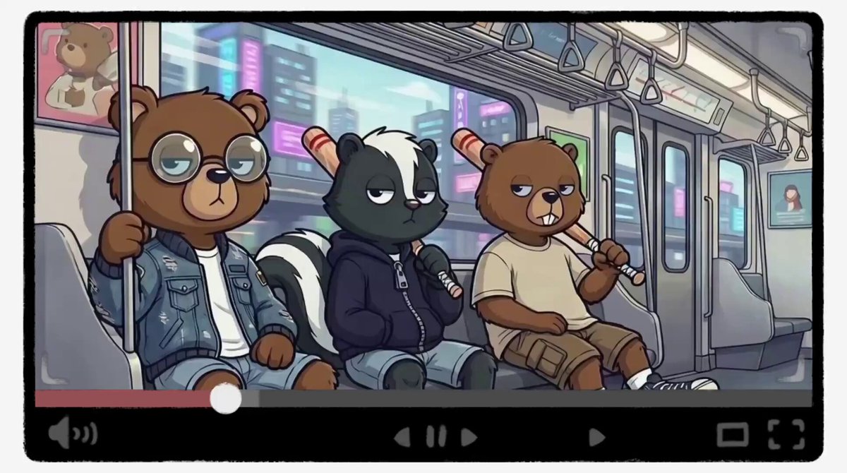The image features a cartoon scene of three teddy bears sitting together, with one holding a baseball bat. The background shows an urban setting with buildings and neon lights, creating a lively atmosphere. The caption for the image reads "drop 2 GTD & 7 WL @PondSyndicate" which suggests that this is a promotional post related to the cartoon or video game.