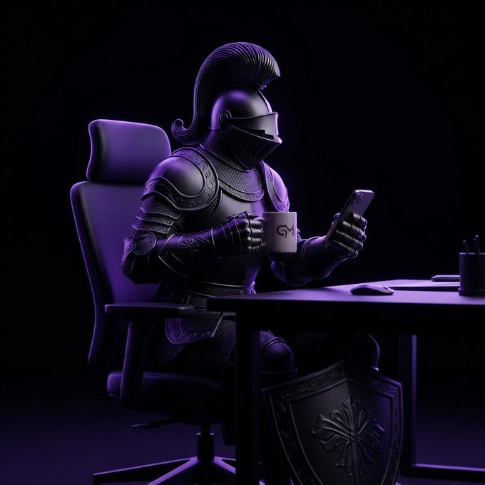 A 3D render of an armored knight sitting at a desk in a dark room lit with purple light, holding a smartphone and a mug with a 'CY' logo.