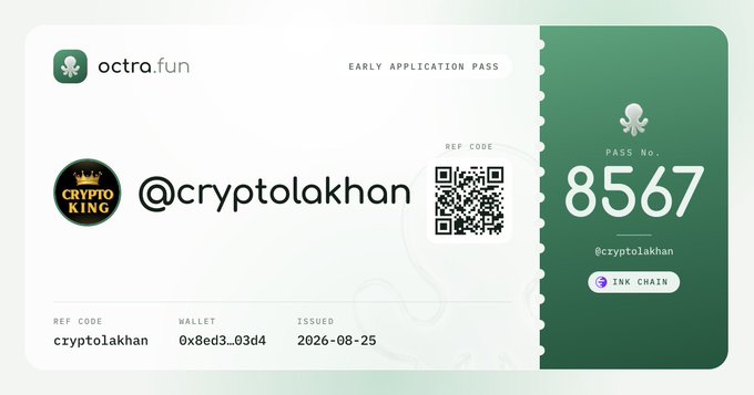 An Octra.fun Early Application Pass is displayed featuring a green ticket-style design with ref code "cryptolakhan," pass number 8567, and a wallet address "0x8ed3...03d4" issued on 2026-08-25 for the INK CHAIN. The pass promotes a quick signup opportunity, matching the accompanying post's call to join through the referral link before applications close.