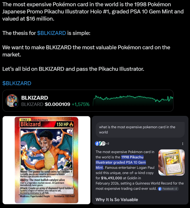 A social media post discusses $BLKIZARD token, stating its goal to become the most valuable Pokémon card on the market, surpassing the $16 million Pikachu Illustrator, with a custom Blkizard trading card meme shown below.