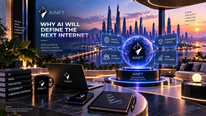 A futuristic tech advertisement for 'AINFT' with the tagline 'WHY AI WILL DEFINE THE NEXT INTERNET' and 'INTELLIGENCE BUILDS A MORE OPEN TOMORROW', showing branded merchandise on a table with a Dubai skyline at sunset.