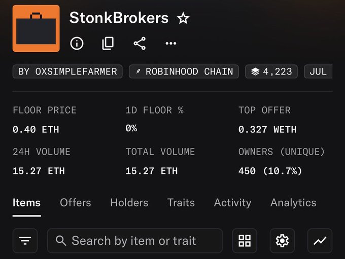 The image shows an OpenSea listing for the "StonkBrokers" NFT collection by OxSimpleFarmer on the Robinhood Chain, with a floor price of 0.40 ETH, top offer of 0.327 WETH, 15.27 ETH in 24H/total volume, and 450 unique owners (10.7%). The post humorously commends OxSimpleFarmer for "cooking" (successfully executing) a high-value allowlist distribution on the Robinhood (lemon) Chain, highlighting the collection's trading activity as evidence of its successful launch.
