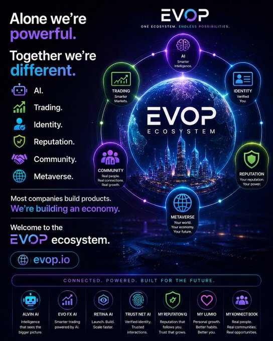 A promotional graphic for the EVOP ecosystem (evop.io), showcasing a glowing futuristic globe surrounded by interconnected icons representing AI, Trading, Identity, Reputation, Community, and Metaverse services, with tagline text emphasizing its mission to "build an economy" rather than just products. The design visually reinforces the post's message by illustrating how each individual component combines into one unified digital ecosystem.