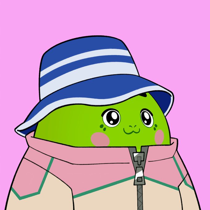 A cute green cartoon character wearing a pink and white jacket and a blue and white striped bucket hat against a pink background.