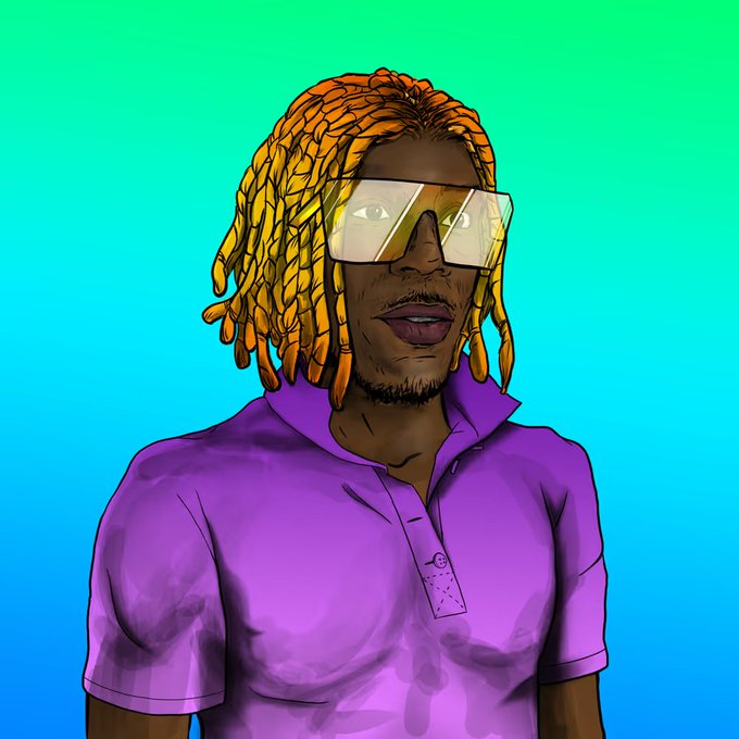 A digital cartoon-style portrait of a man with long orange-blonde dreadlocks wearing yellow-tinted visor sunglasses and a purple polo shirt, set against a blue-to-green gradient background.