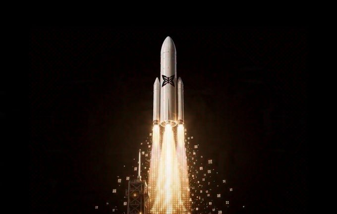 A digitally-rendered rocket launching into a black sky, propelled by bright flames and scattering glowing square particles, with an 'X' logo visible on its side.