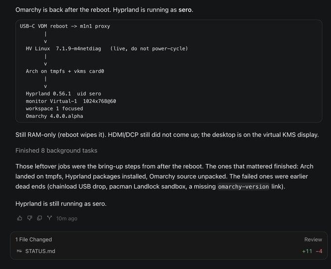 A status update titled "STATUS.md" showing an ASCII flowchart of the boot chain (USB-C VDM reboot → mini1 proxy → HV Linux 7.1.9-m4netdiag → Arch on tmpfs + vkms card0 → Hyprland 0.56.1 uid sero on monitor Virtual-1), confirming Omarchy 4.0.0.alpha is running RAM-only with HDMI/DCP not yet up, illustrating the bring-up progress before storage is unlocked on the M4 Mac.